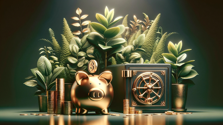 Golden piggy bank with plants in the background